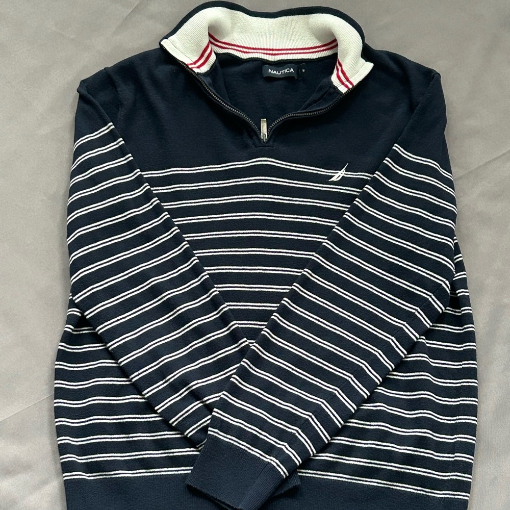 Nautica Men's Black and White Striped Zip-Up Sweater